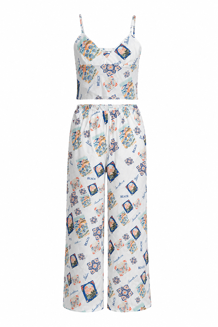 Beginning Boutique - White Satin Italia Print Pants & Tank - M (Like New)